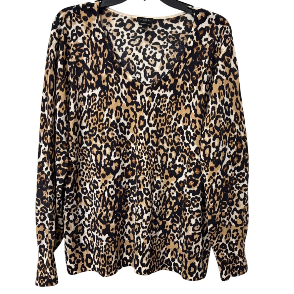 Talbots Womens XL Sweater Brown Leopard Print 100% Pure Merino Wool V-Neck Chic